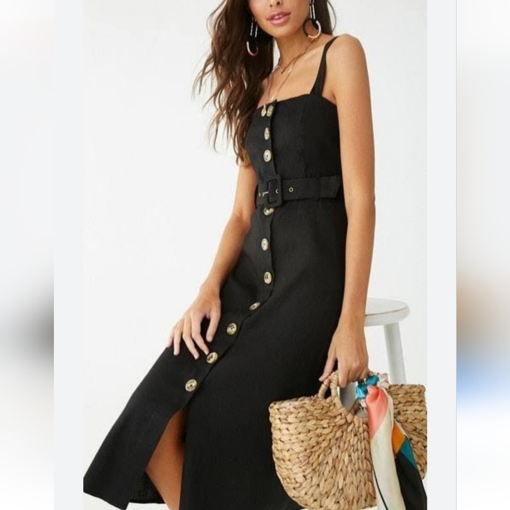 Forever 21 Linen Blend Button front Midi Dress Thick straps